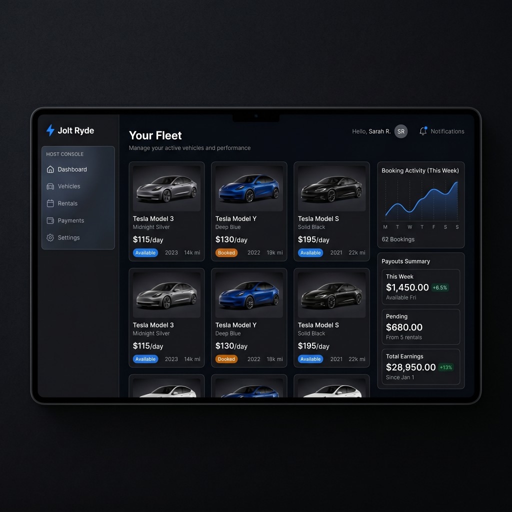 Jolt Ryde host console on tablet — fleet grid, booking activity, and payouts summary