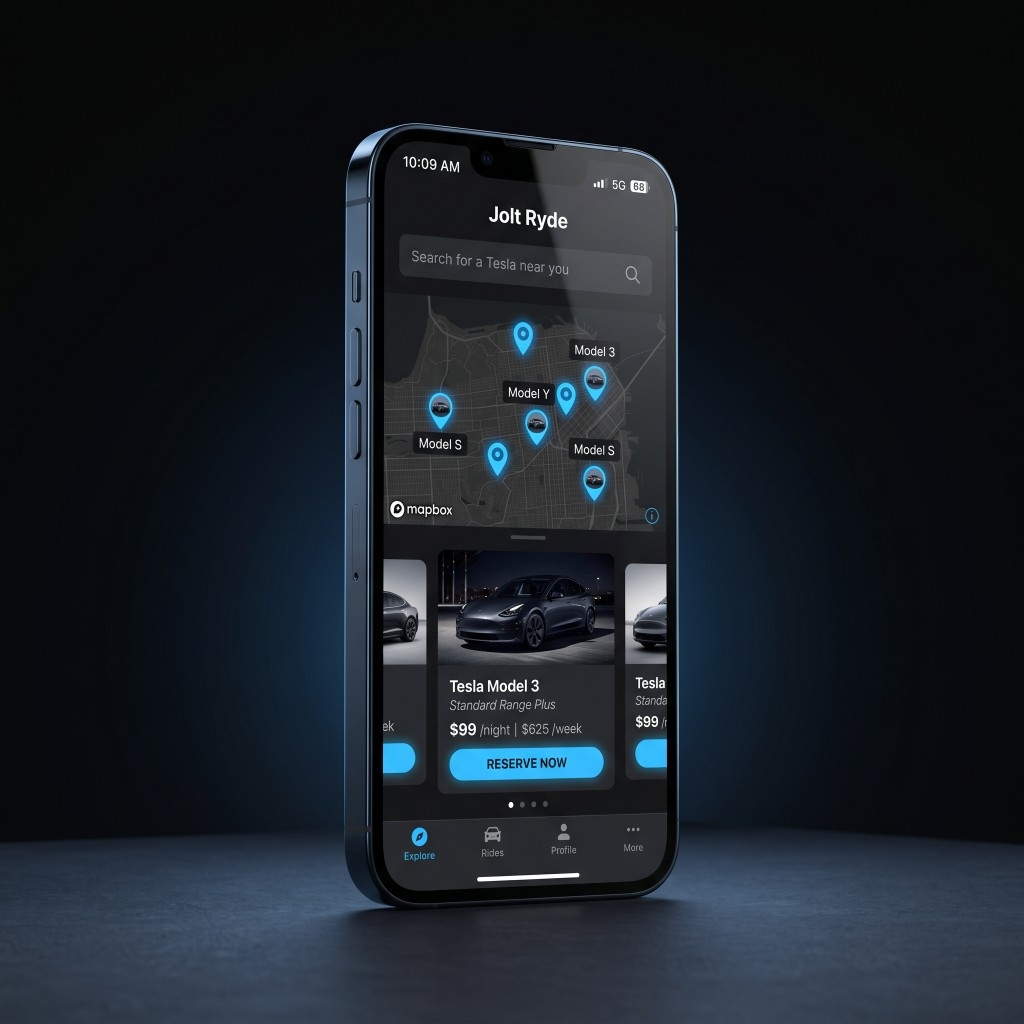 Jolt Ryde on iPhone — mobile web browse, Tesla listings, and Reserve Now