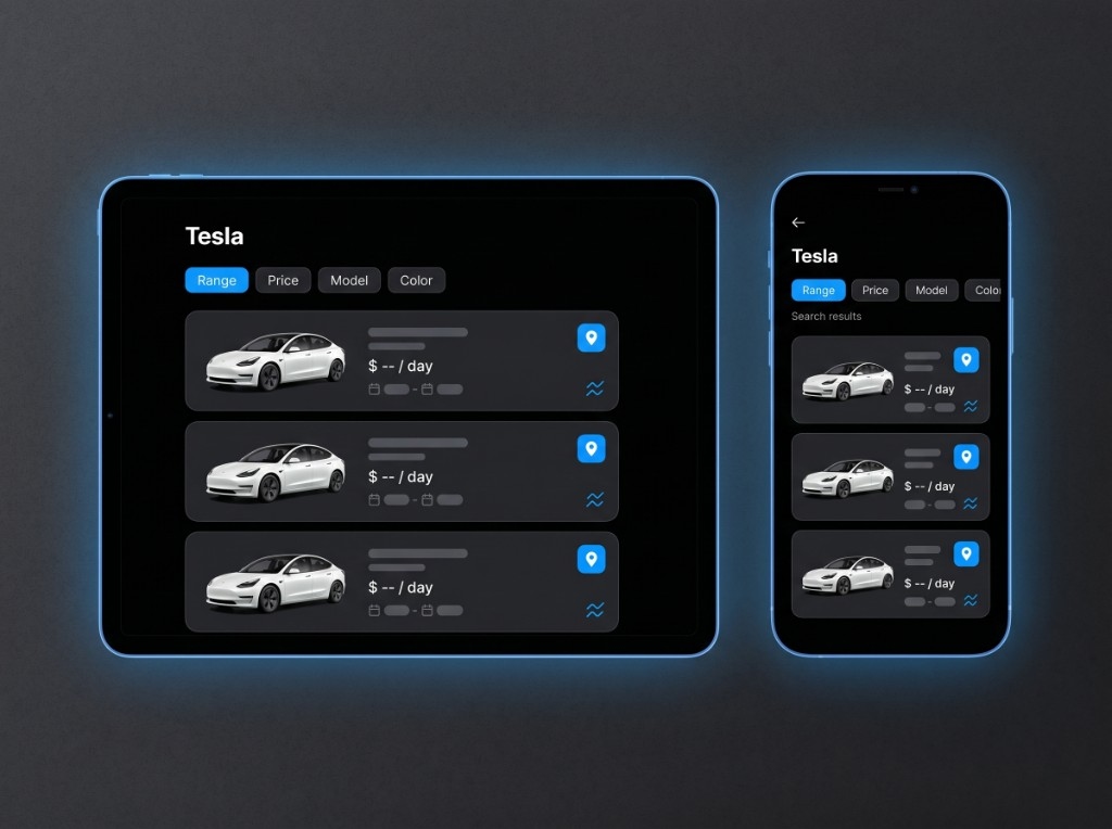 Jolt Ryde on phone and tablet — browse Tesla listings with date and rate filters