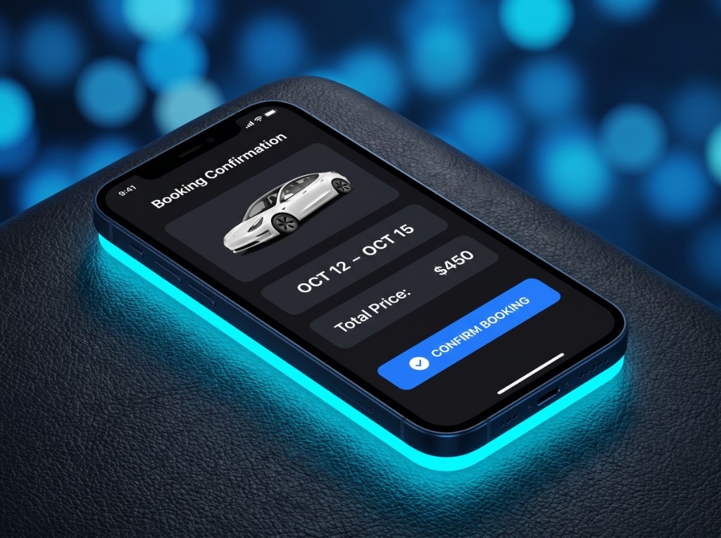 Jolt Ryde on iPhone — booking confirmation with Tesla, dates, and Stripe checkout